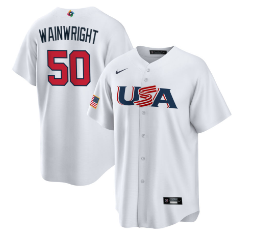 Men's USA Baseball #50 Adam Wainwright 2023 White World Baseball Classic Stitched Jersey